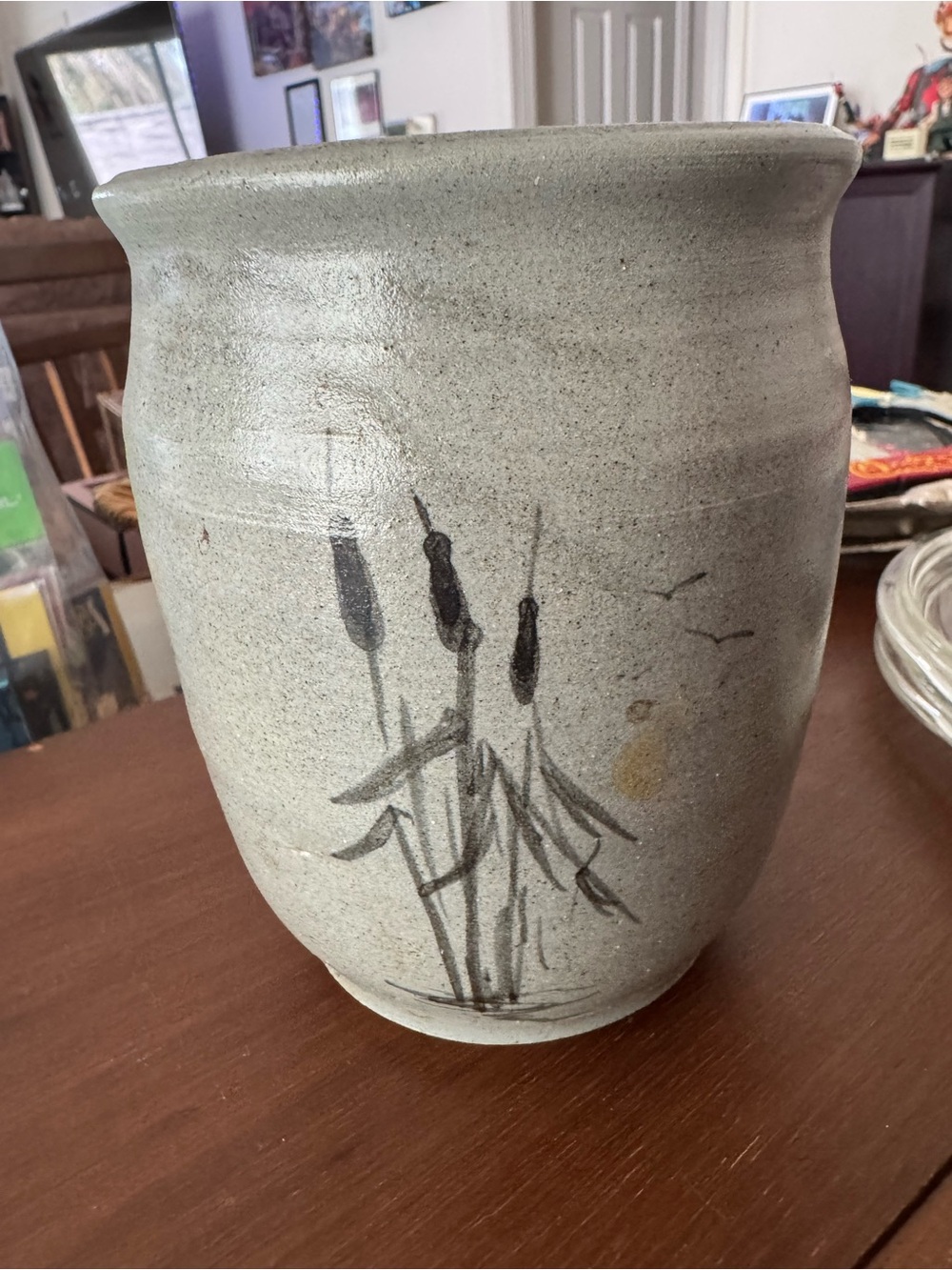 Rheta Fort Frances Studio Art Pottery Vase Cattails Gray Flowers Stoneware Vtg
